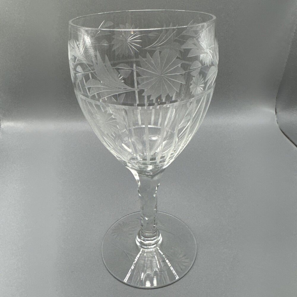 1 Etched Crystal Wine Glass Water Goblets Perfect Condition Vtg 7”